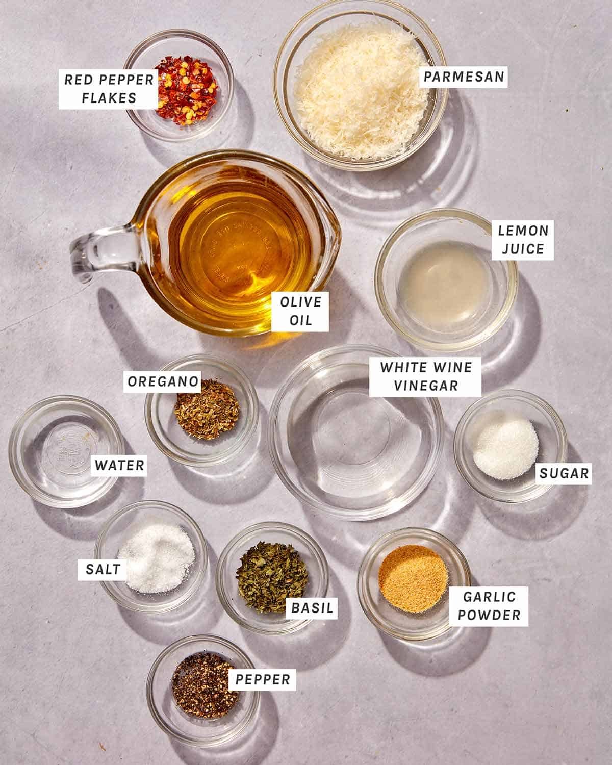 Ingredients to make an Italian Vinaigrette.