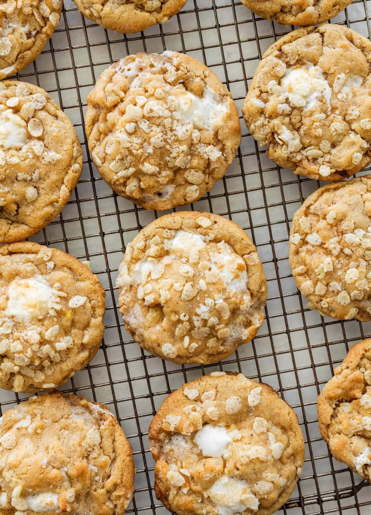 rice krispie treat cookies on cooling rack. 