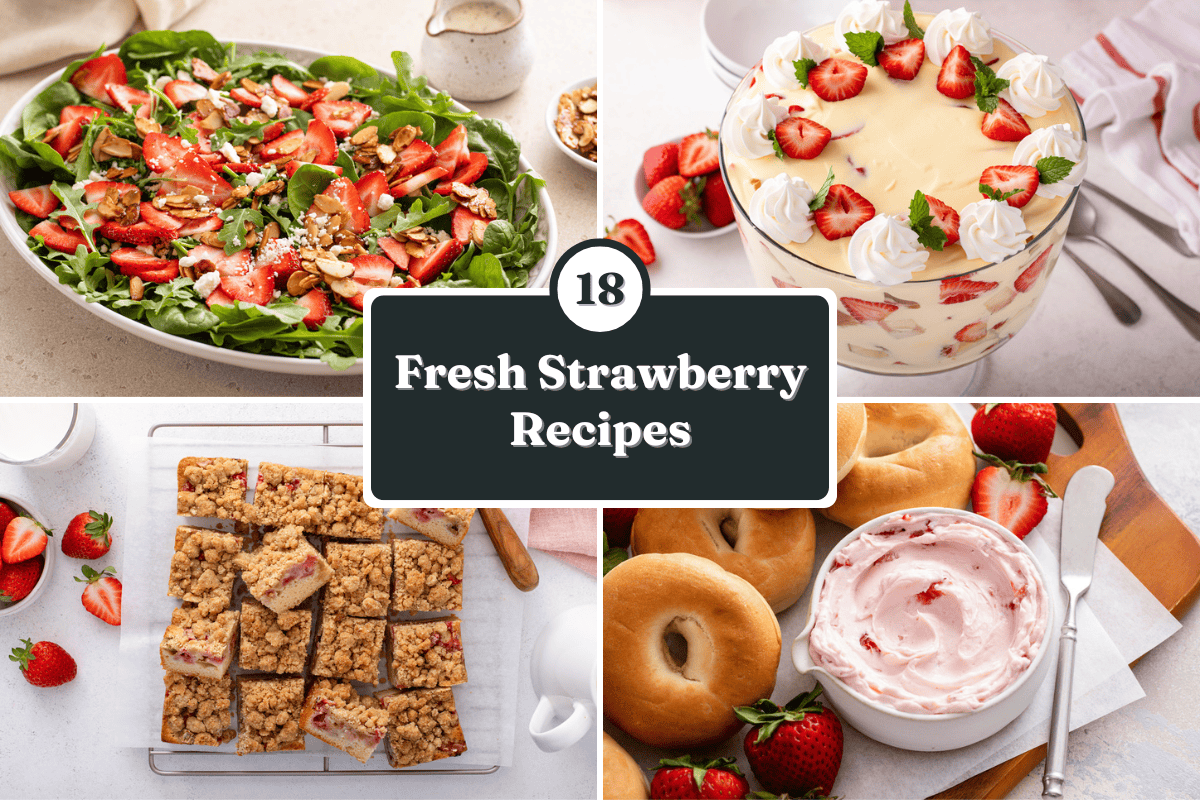 Collage showing strawberry salad, strawberry trifle, strawberry cream cheese, and strawberry rhubarb crumb cake with overlay text reading 