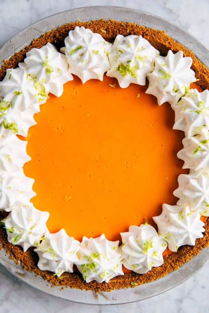 close up over head photo of Thai tea lime pie