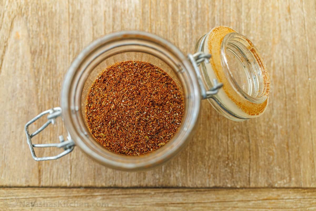 Homemade taco seasoning in a small jar
