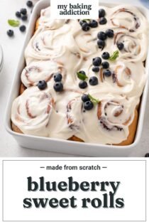 Blueberry sweet rolls topped with cream cheese frosting and garnished with fresh blueberries. Text overlay includes recipe name.