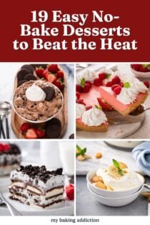 Collage of four no-bake dessert recipe images with overlay text that reads "19 easy no-bake desserts to beat the heat."