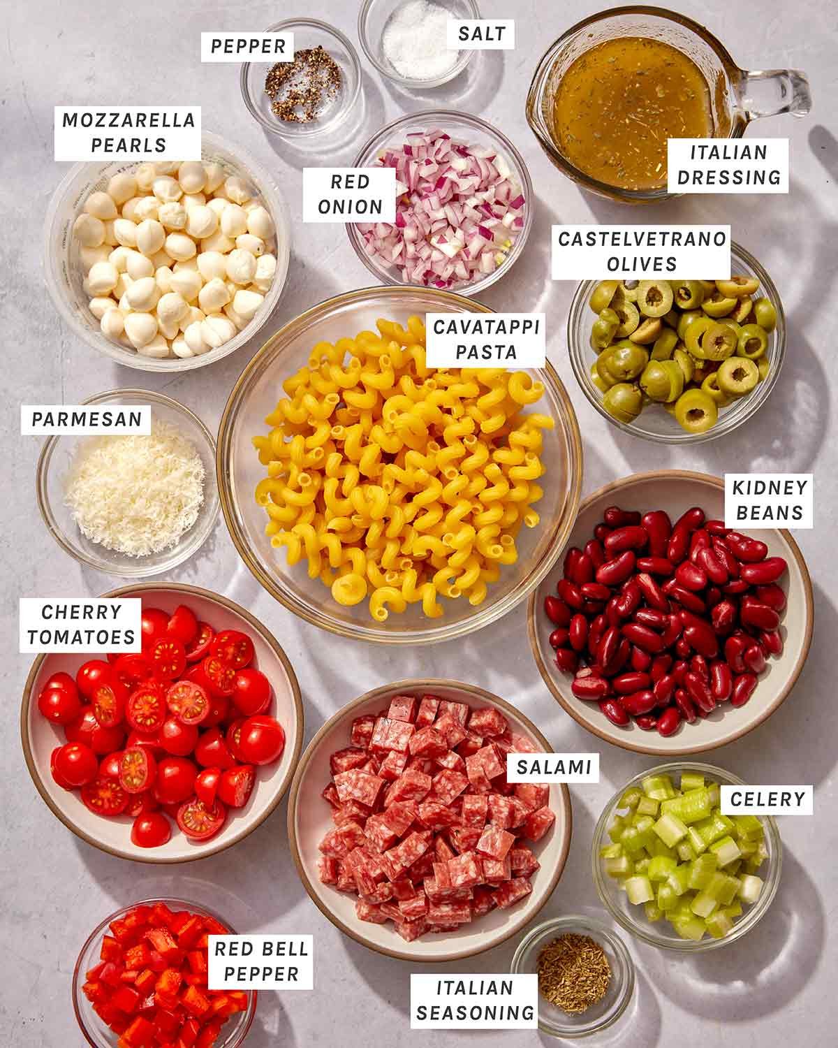 Ingredients to make pasta salad.
