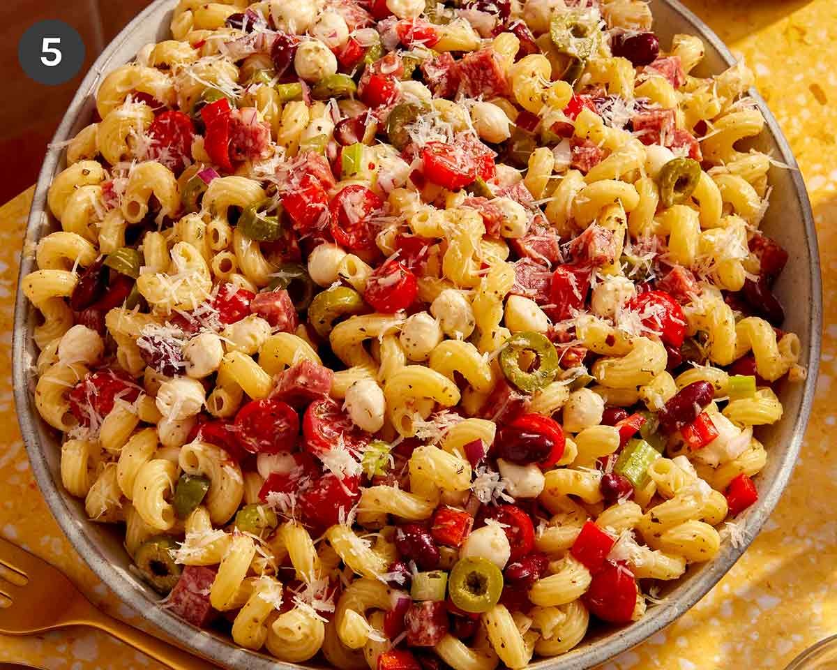 Up close on a big bowl of pasta salad.