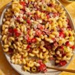 Pasta salad in a big bowl with a spoon in it.
