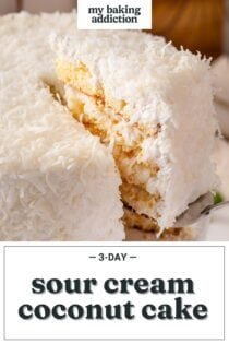 Cake server lifting up a slice of sour cream coconut cake. Text overlay includes recipe name.