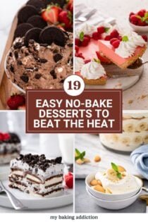 Collage of four no-bake dessert recipe images with overlay text that reads "19 easy no-bake desserts to beat the heat."