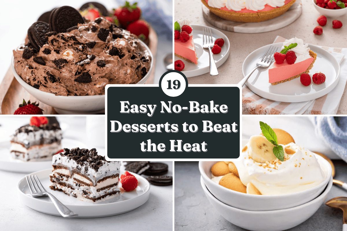 Landscape collage of four no-bake dessert recipe images with overlay text that reads 