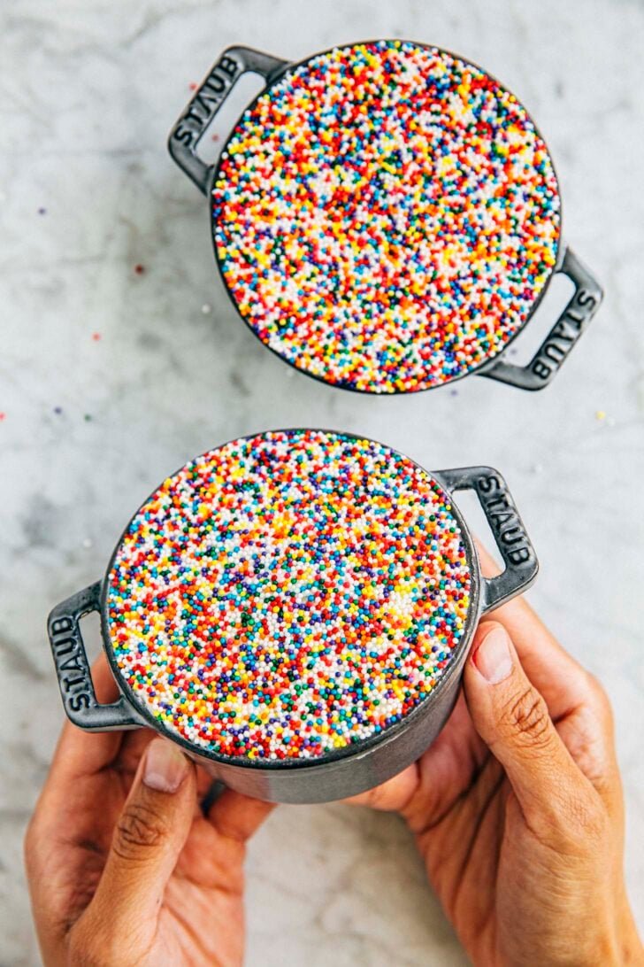 photo of two dot cakes in gray mini cast iron pans