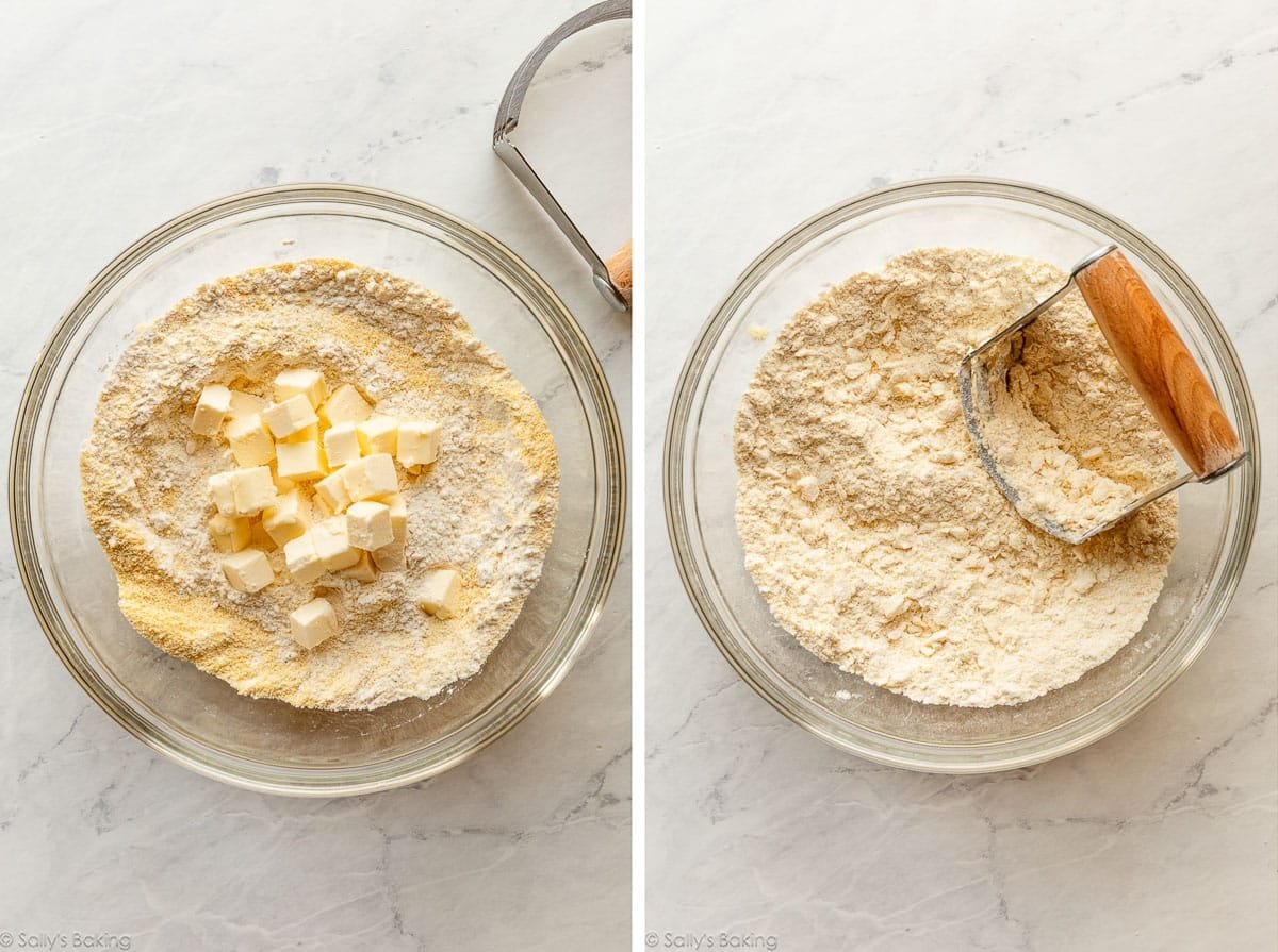 cubed butter in bowl with other ingredients and shown again cut into the mixture.