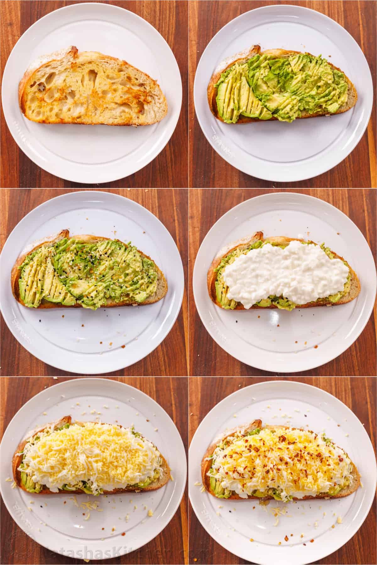 How to build avocado toast with sourdough bread, avocado, seasoning, cottage cheese, hard-boiled egg, honey and red pepper flakes