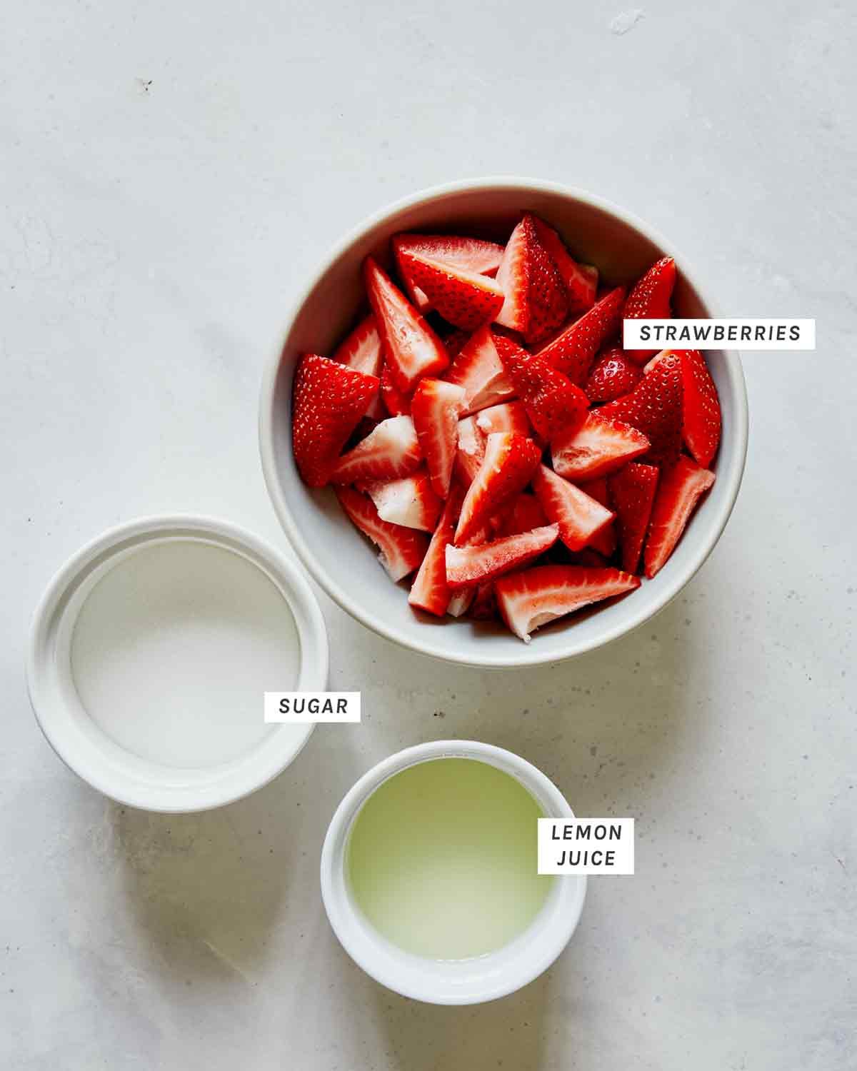 Strawberry ingredients for strawberry shortcake ready to be made.