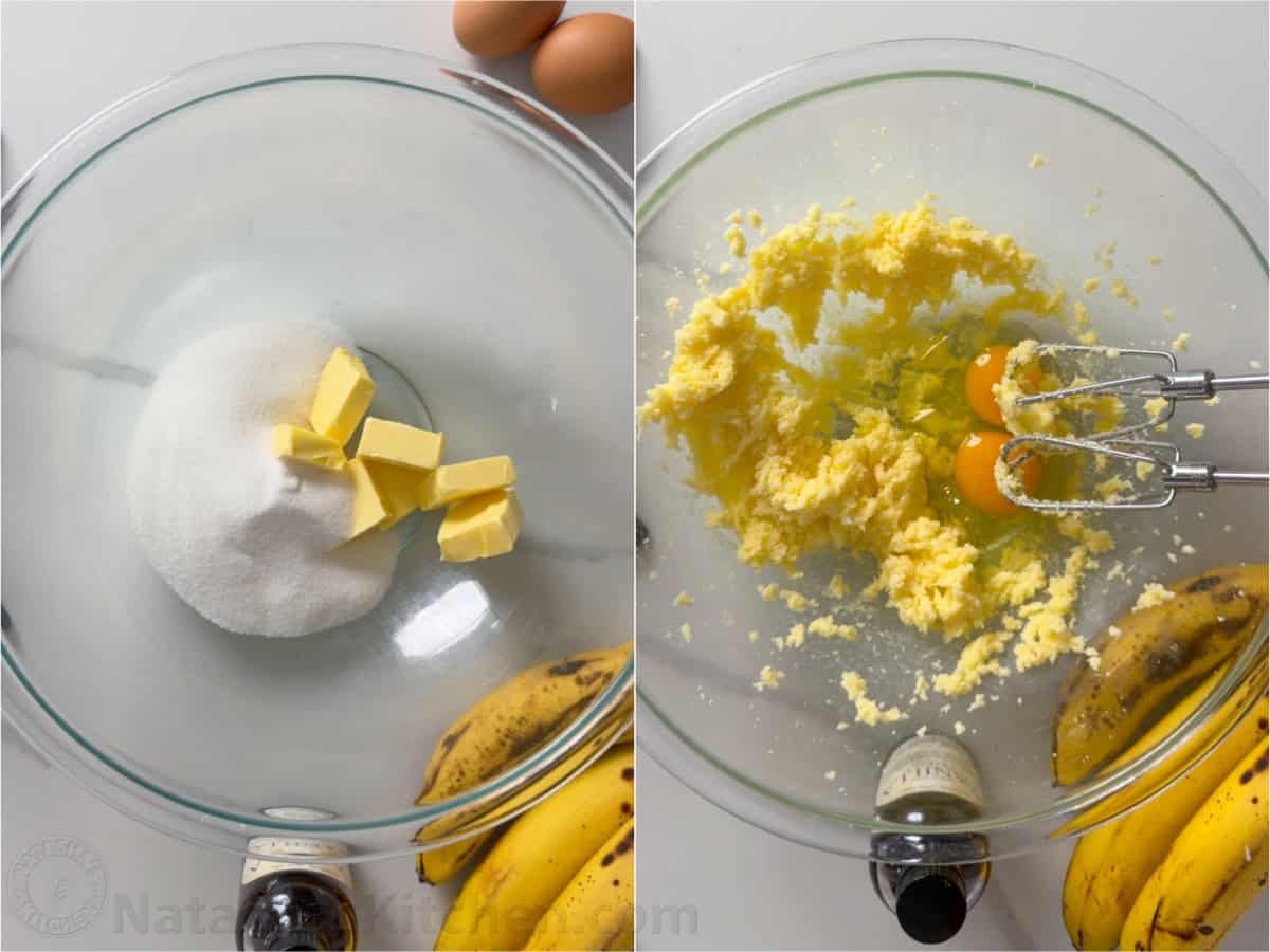 How to mix sugar, butter, and eggs in a clear mixing bowl with electric beaters