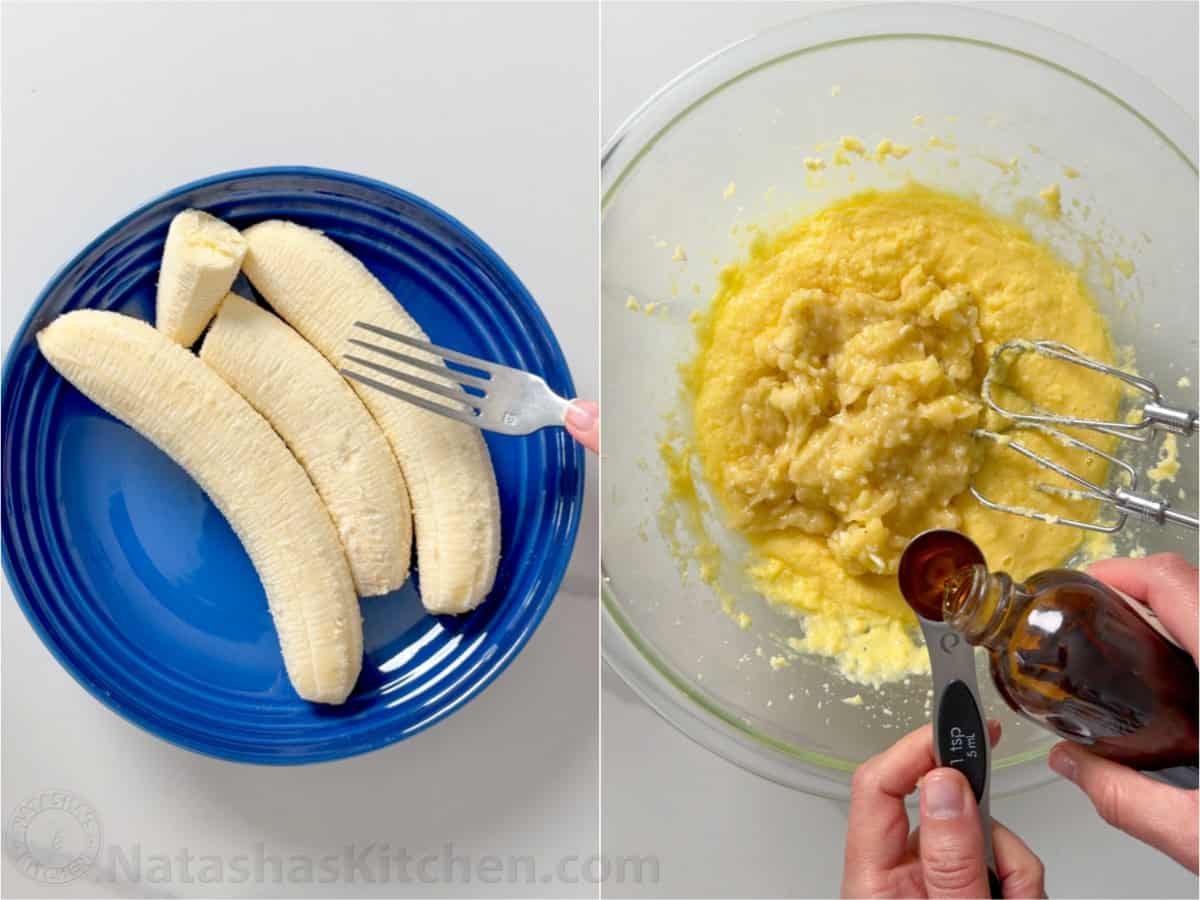 side-by-side images of mashing bananas on a plate and adding it to the batter