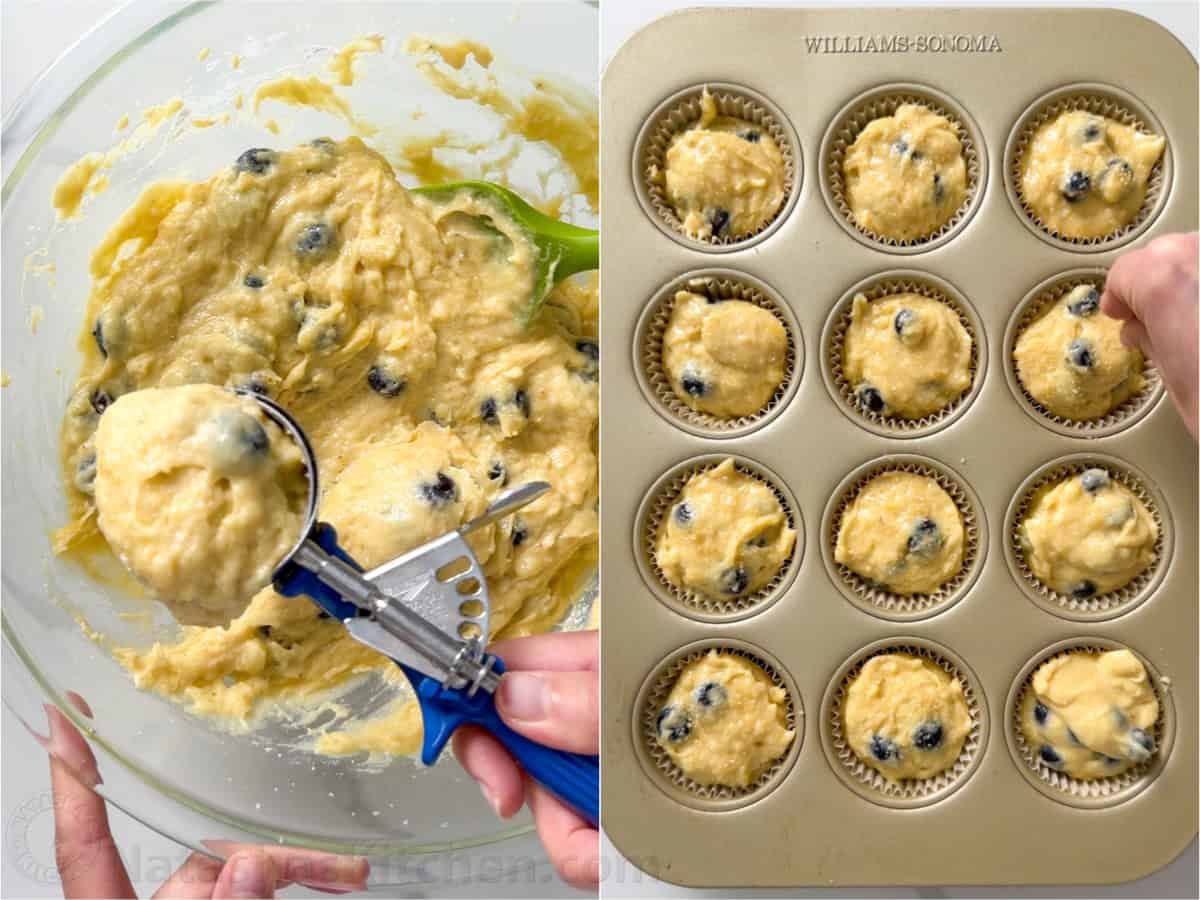 ice cream scoop filling a cupcake tray with batter