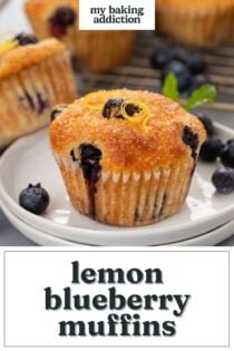 White plate holding a lemon blueberry muffin and fresh blueberries. Text overlay includes recipe name.
