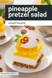 White plate holding a slice of pineapple pretzel salad. Text overlay includes recipe name.