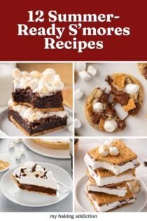 Pinterest collage of four s'mores recipes, including s'mores brownies, s'mores cookies, frozen s'mores, and s'mores pie. Text overlay includes post name.