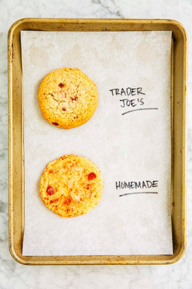 photo comparing the trader joe's strawberry doodle cookie to the hummingbird high homemade strawberry doodle