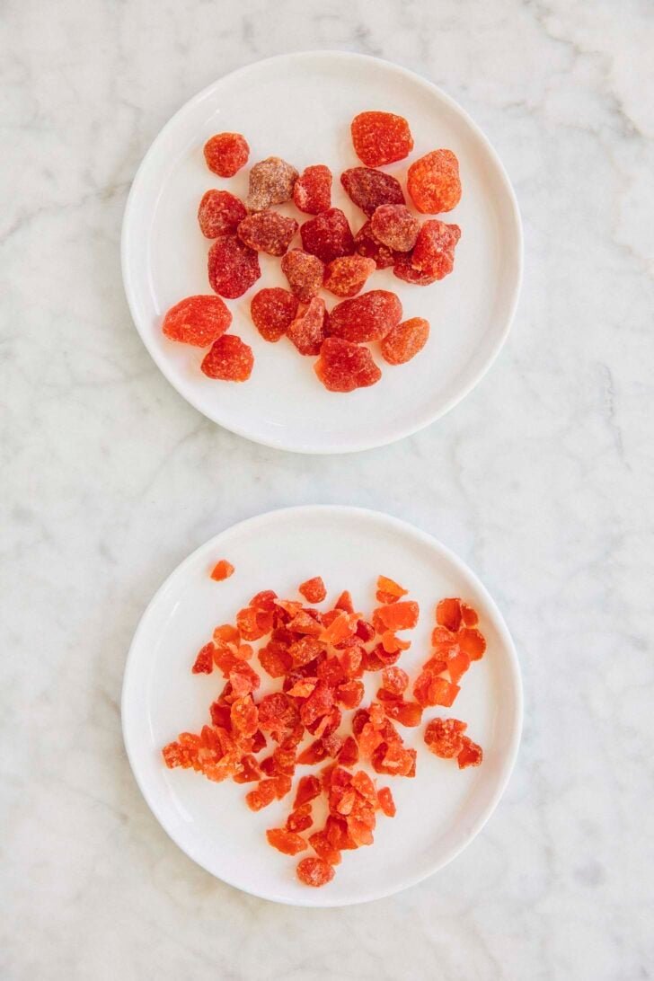 photo showing correct size and shape of diced strawberries for the strawberry doodle cookies