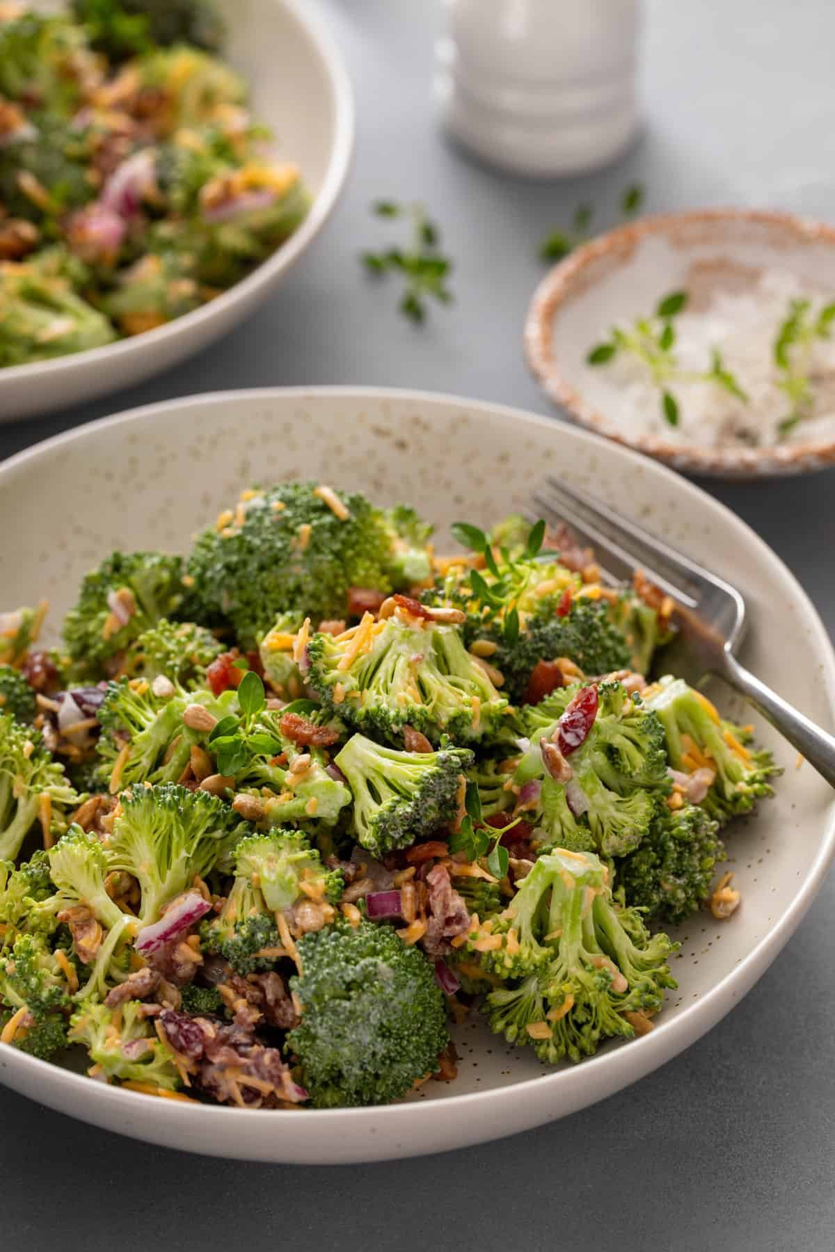 Close up of a fork in a bowl of broccoli cranberry salad.