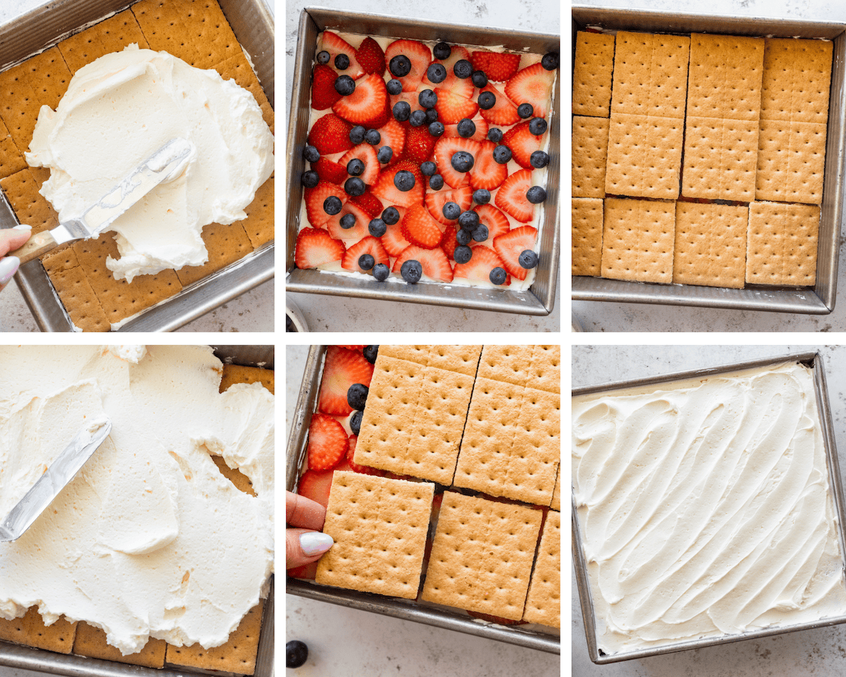 step by step collage of berry icebox cake being layered with graham crackers, whipped cream, and berries in pan. 