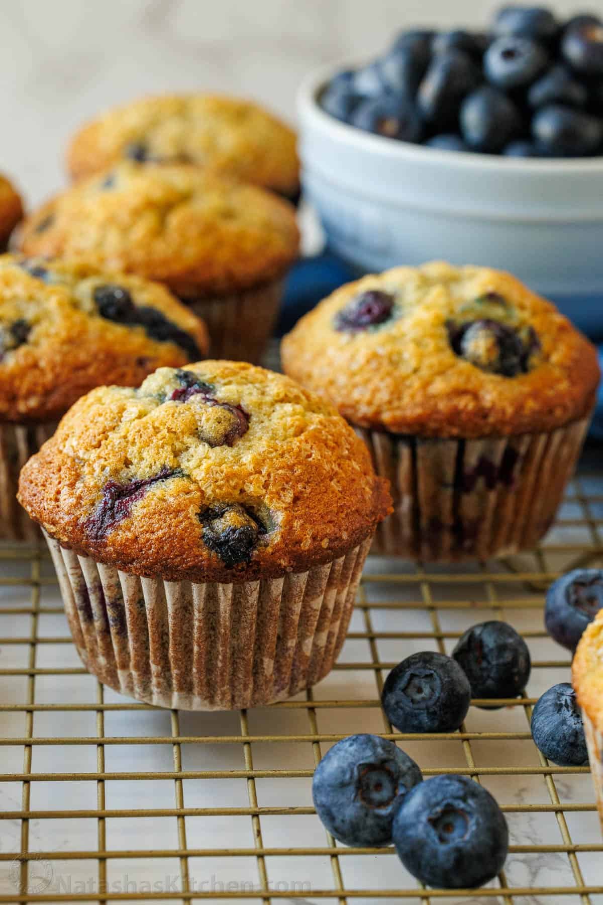 Blueberry banana muffins on a baking rack with fresh blueberries in a bowl