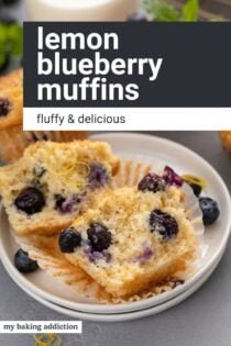Halved lemon blueberry muffin laying on a white plate. Text overlay includes recipe name.
