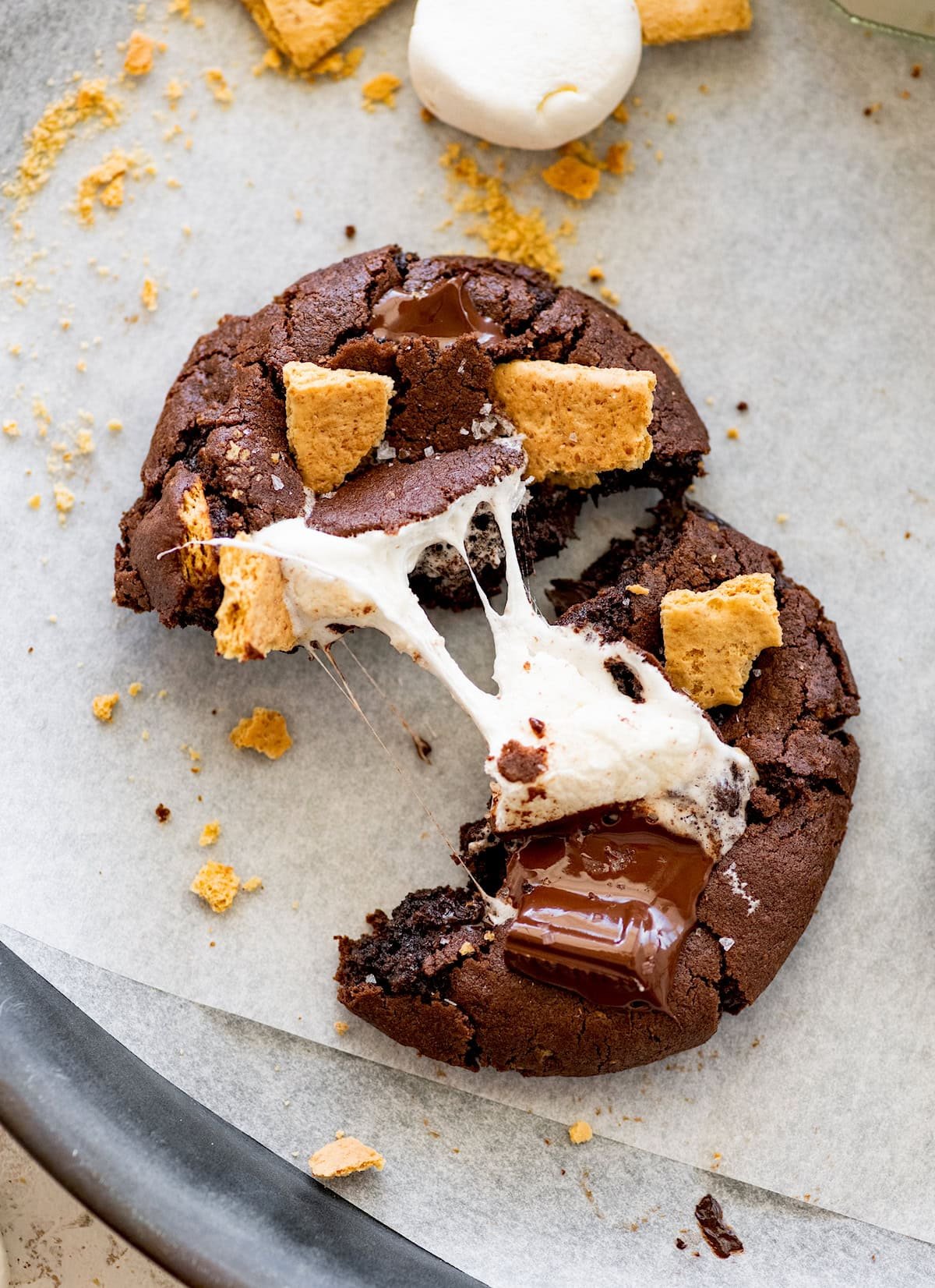 chocolate s'mores cookie with gooey marshmallow center.