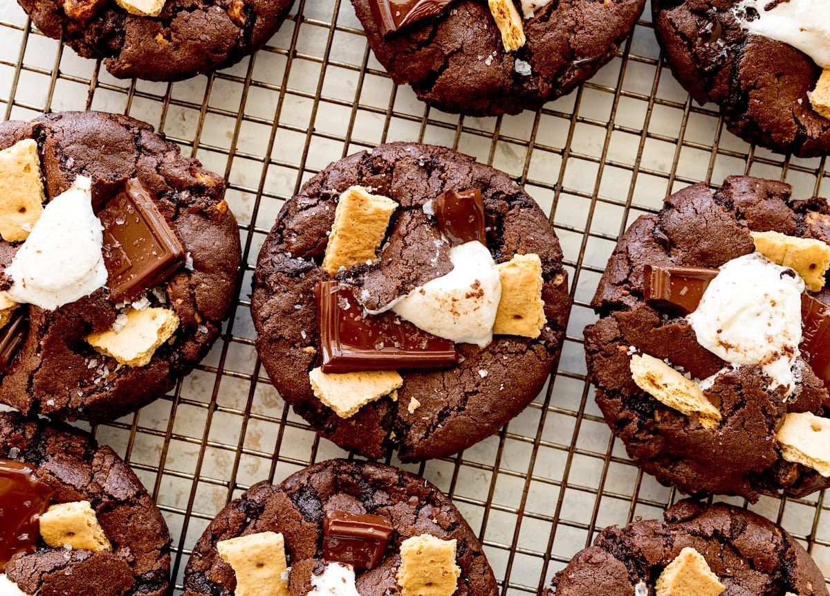 chocolate s'mores cookies on cooling rack.