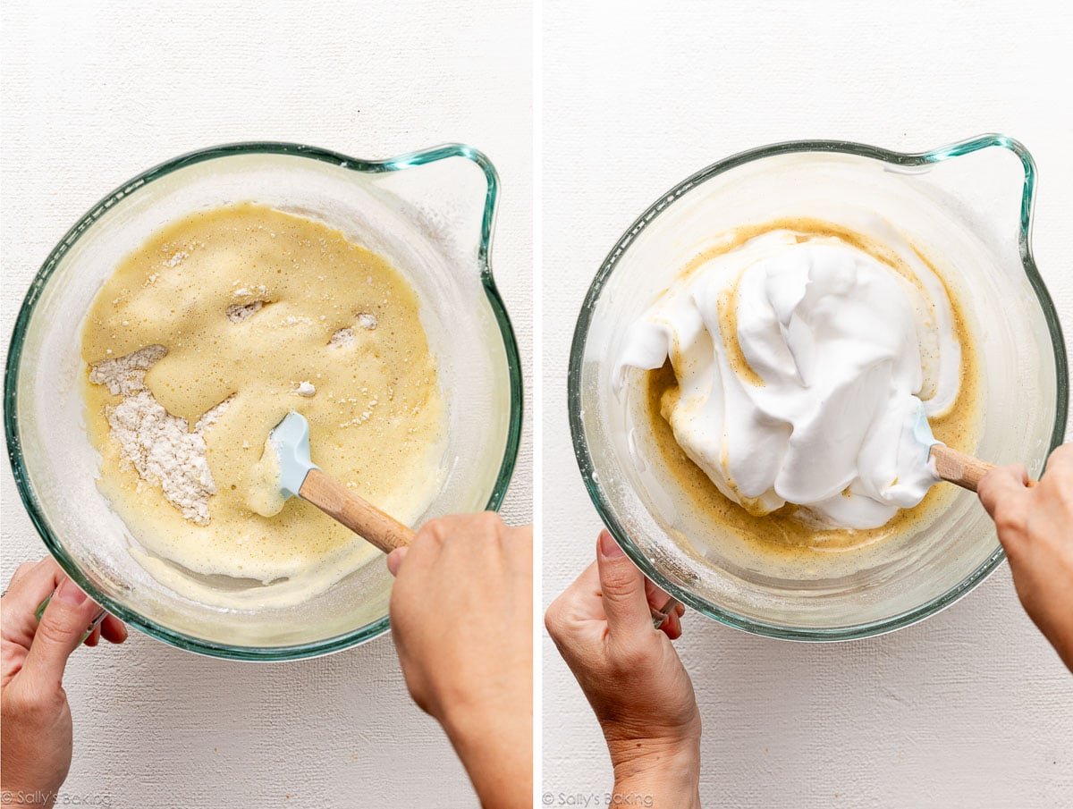hand folding ingredients into batter.