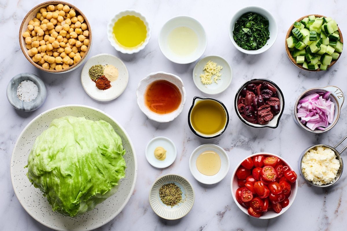 ingredients to make Greek wedge salad.