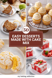 Collage of 4 images of recipes using cake mix, including apple bundt cake, coconut cupcakes, strawberry poke cake, and lemon crinkle cookies. Text overlay reads "30 easy desserts made with cake mix."