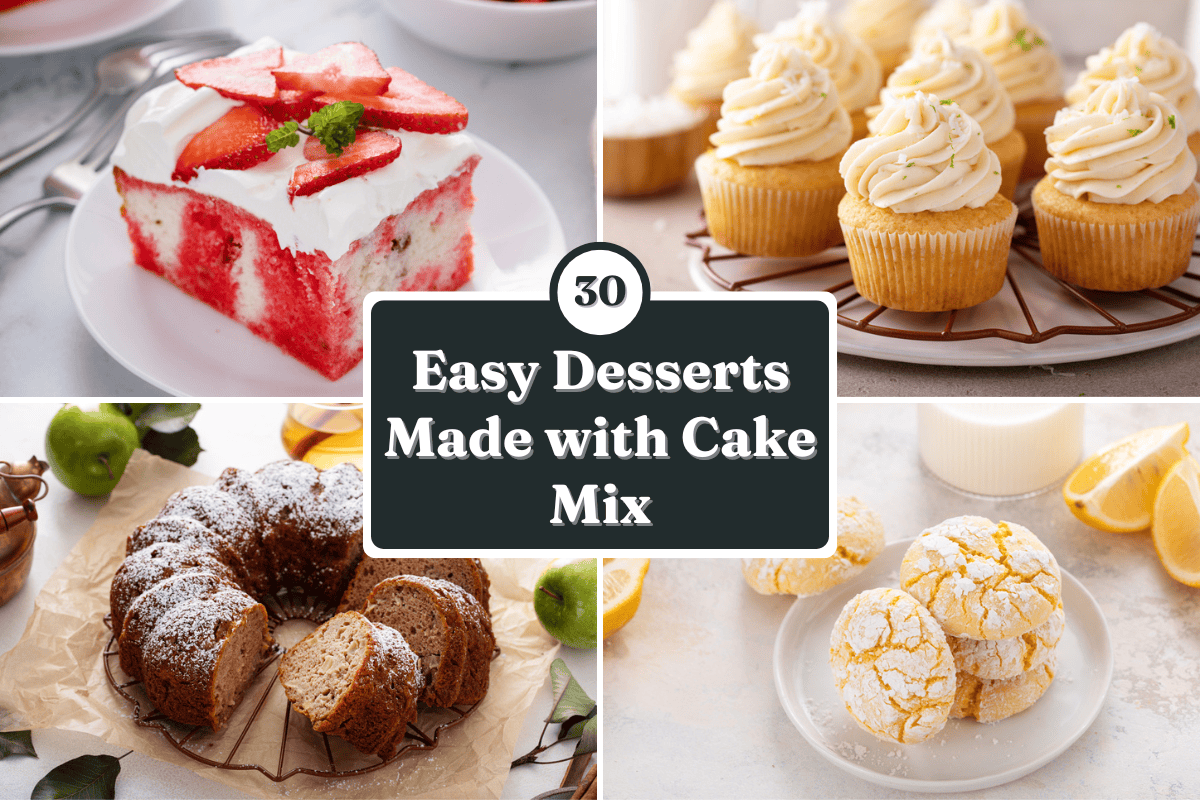 Collage of recipes made using cake mix, including strawberry poke cake, coconut cupcakes, lemon crinkle cookies, and caramel apple bundt cake. Text overlay reads