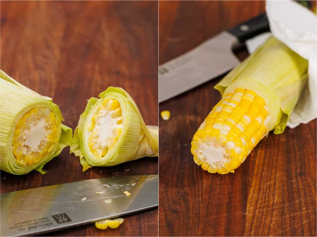 Microwave corn on the cob is the easiest way to serve corn in just minutes! No need to remove the husks. It's the perfect summer side dish. Before and after cutting off the bottom of the corn stalk