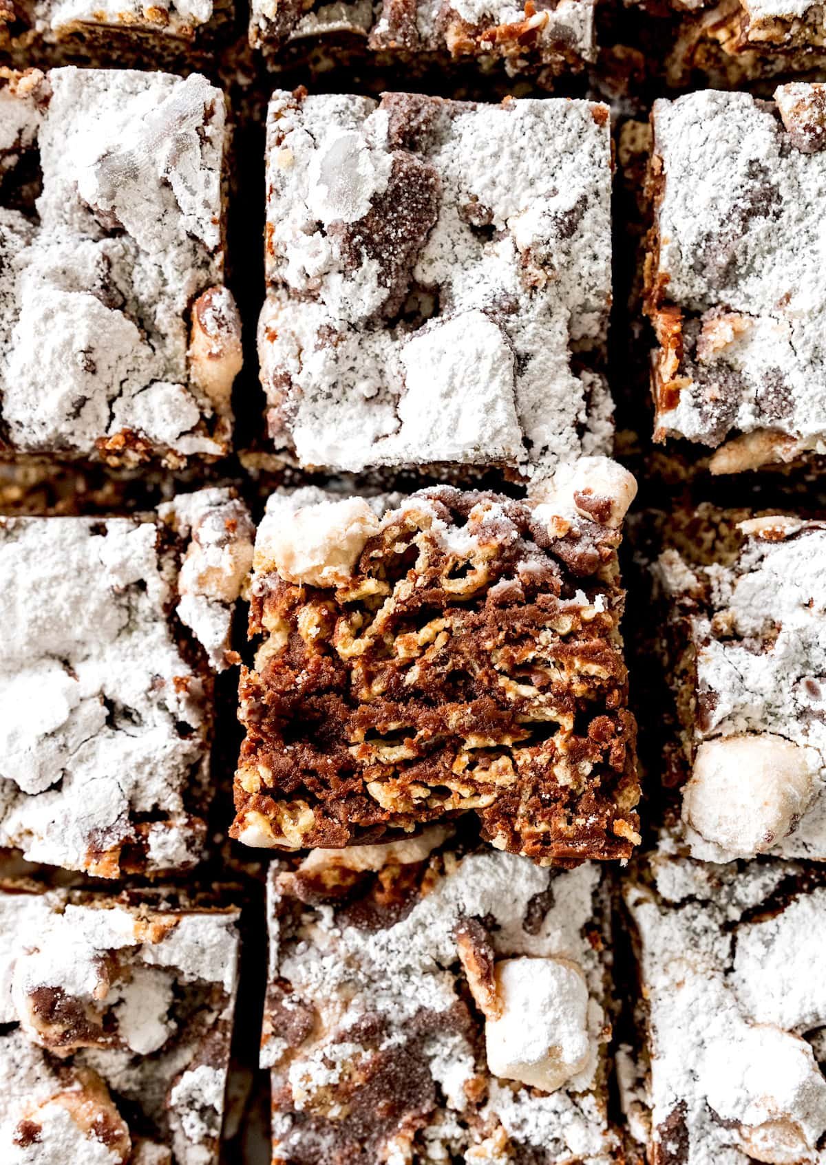 close up of puppy chow marshmallow treats. 