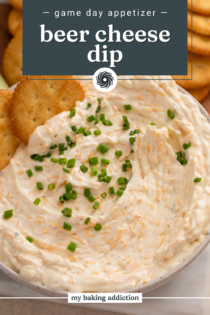 Cracker in a bowl of ranch beer cheese dip. Text overlay includes recipe name.
