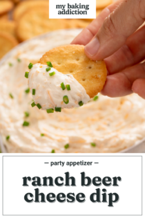 Hand holding a cracker with ranch beer cheese dip on it. Text overlay includes recipe name.