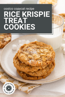 4 rice krispie cookies stacked on a white plate next to a glass of milk. Text overlay includes recipe name.