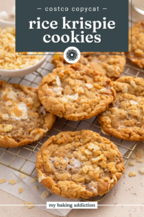 Rice krispie cookies arranged on a wire rack. Text overlay includes recipe name.