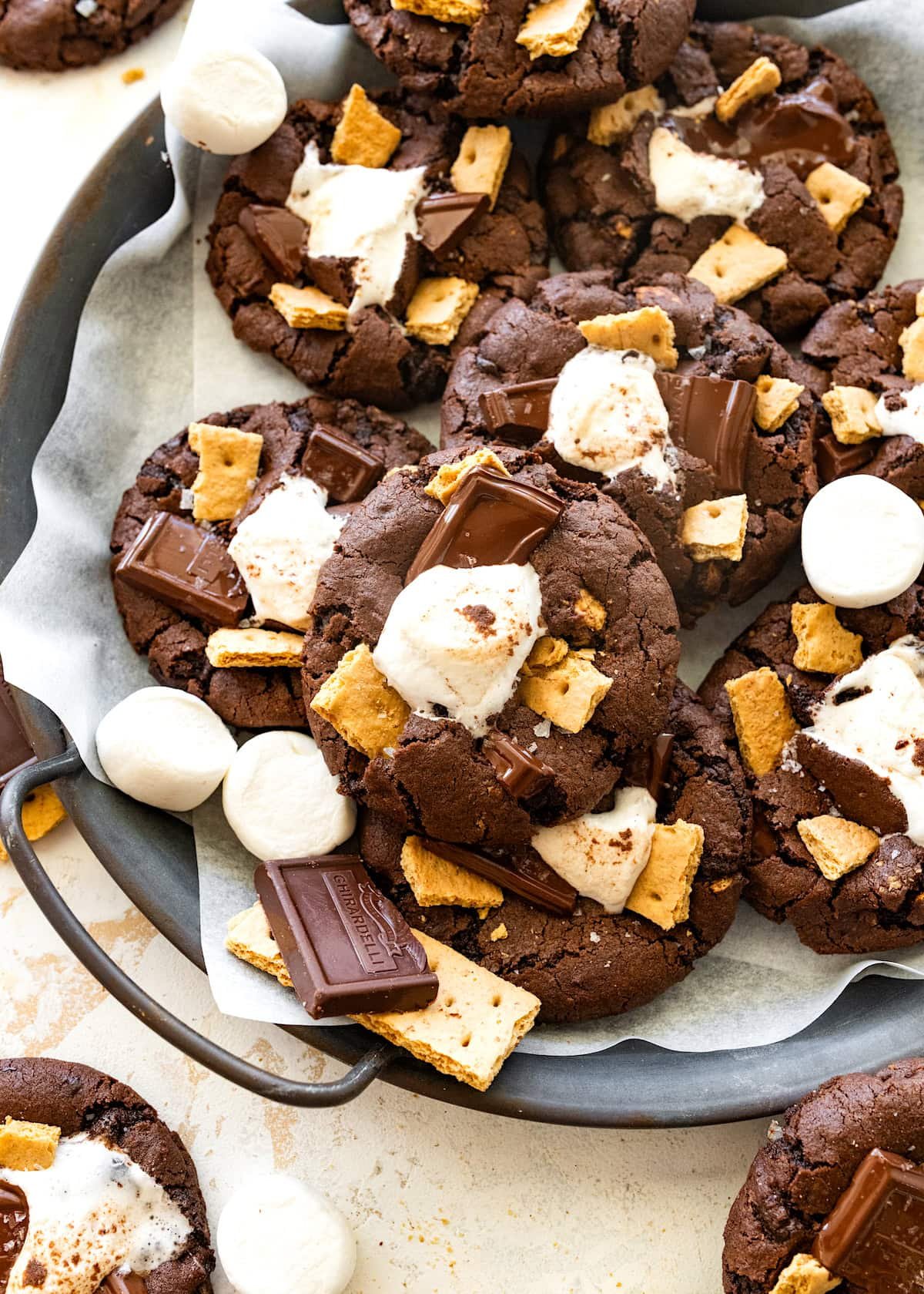 chocolate s'mores cookies with gooey marshmallows, melty chocolate, and graham cracker pieces.