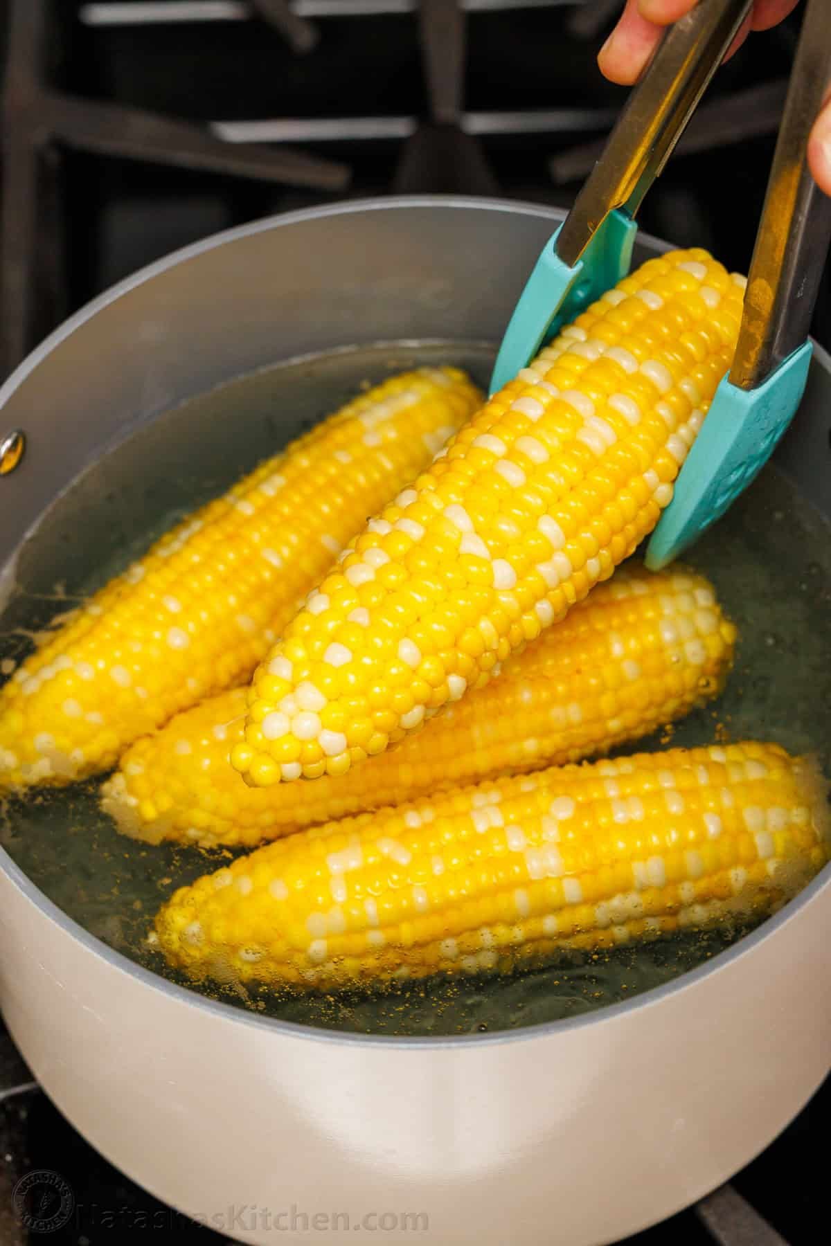 Tongs removing Boiled corn on the cob from a large stockpot with boiling water