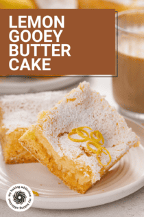 Two slices of lemon gooey butter cake arranged on a white plate. Text overlay includes recipe name.