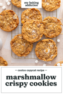 Overhead view of rice krispie cookies cooling on a wire rack. Text overlay includes recipe name.