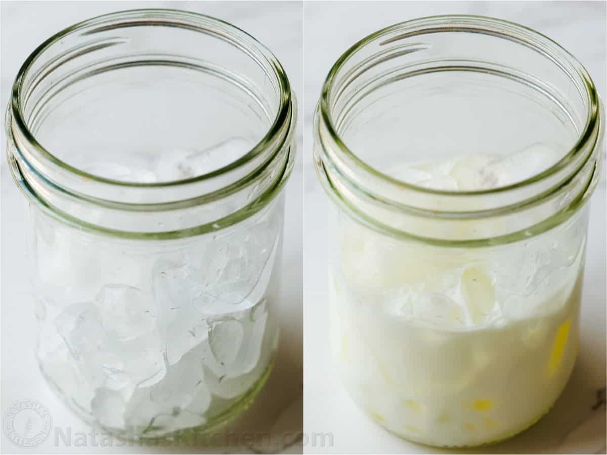 Side by side photos of mason jars with ice and mason jar with ice and cold milk