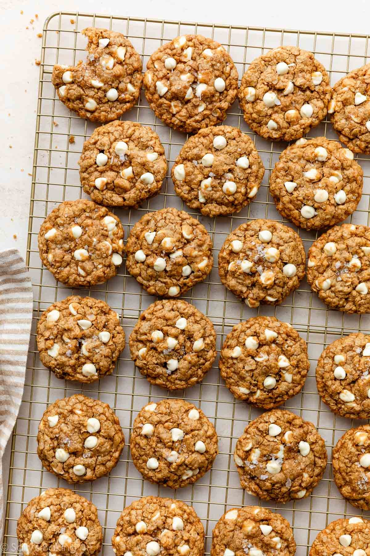 Biscoff oatmeal white chocolate oatmeal cookies on a gold cooling rack.
