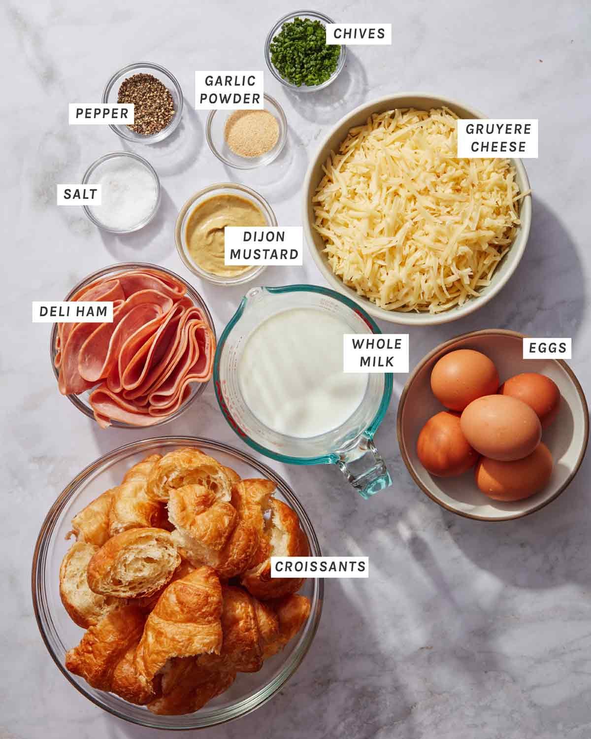 Ham and cheese Croissant bake ingredients.