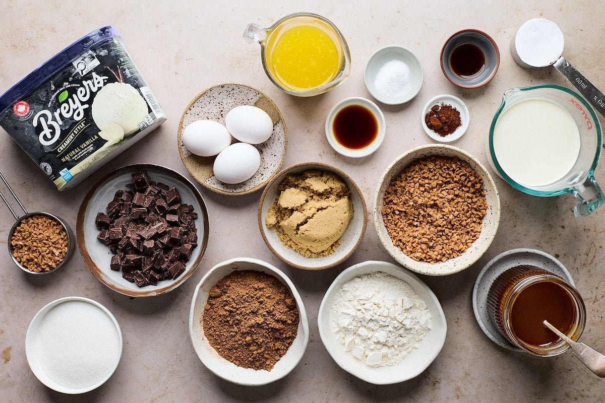 ingredients to make salted caramel toffee brownie ice cream cake.