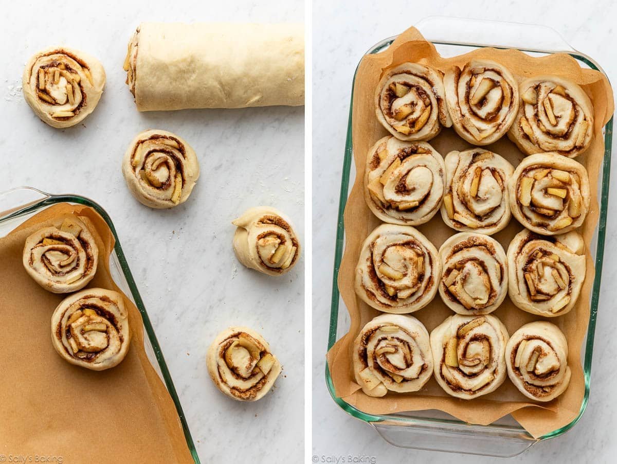 shaped rolls and shown again placed in pan.